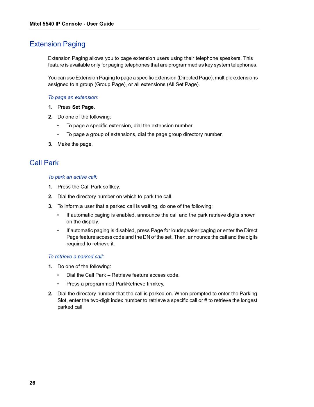 Mitel 5540 manual Extension Paging, Call Park, Press Set 