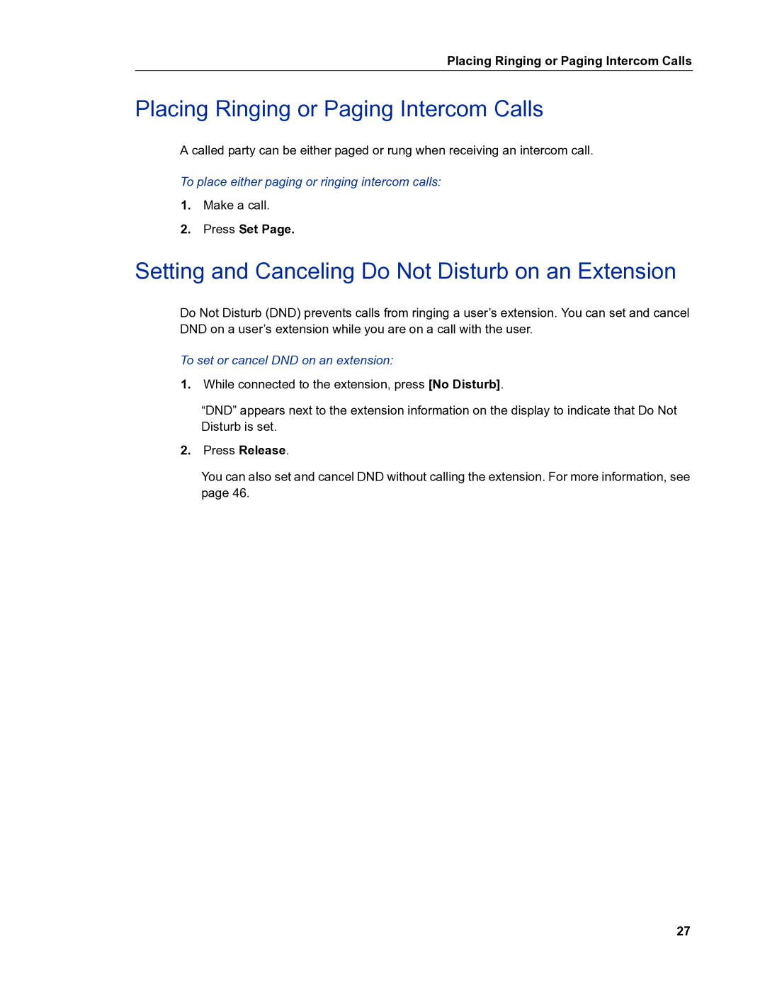 Mitel 5540 Placing Ringing or Paging Intercom Calls, Setting and Canceling Do Not Disturb on an Extension, Press Release 