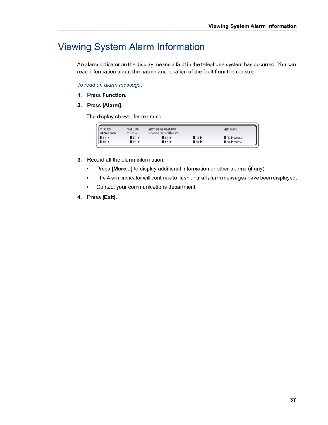 Mitel 5540 manual Viewing System Alarm Information, To read an alarm message, Press Function 