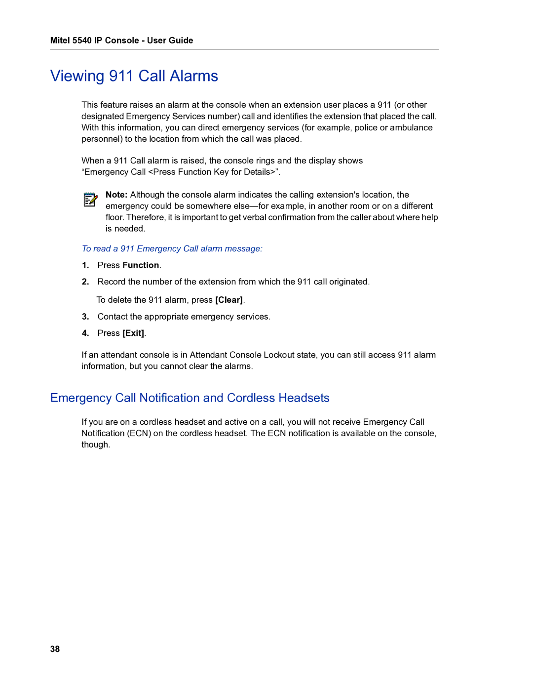 Mitel 5540 manual Viewing 911 Call Alarms, Emergency Call Notification and Cordless Headsets 