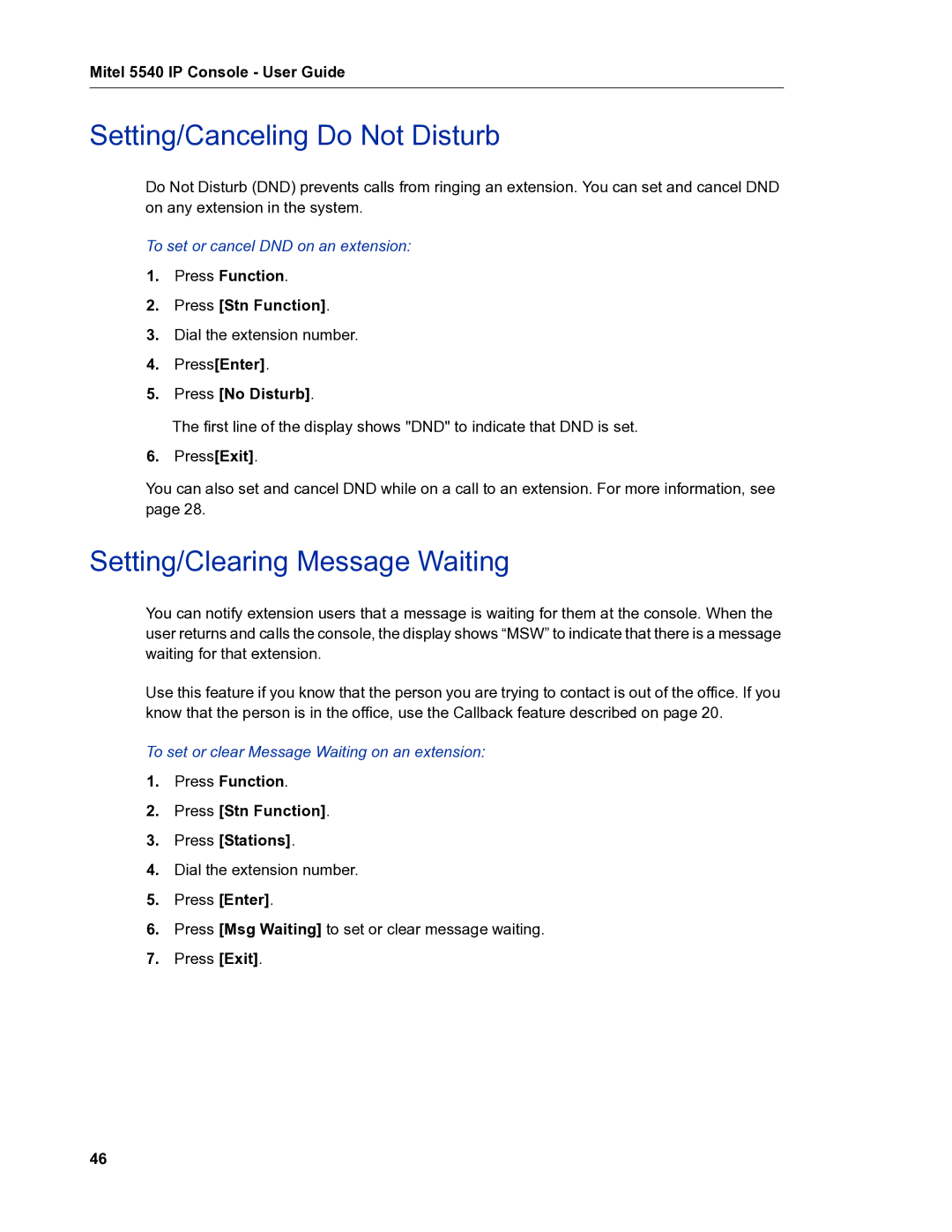 Mitel 5540 manual Setting/Canceling Do Not Disturb, Setting/Clearing Message Waiting, PressEnter Press No Disturb 