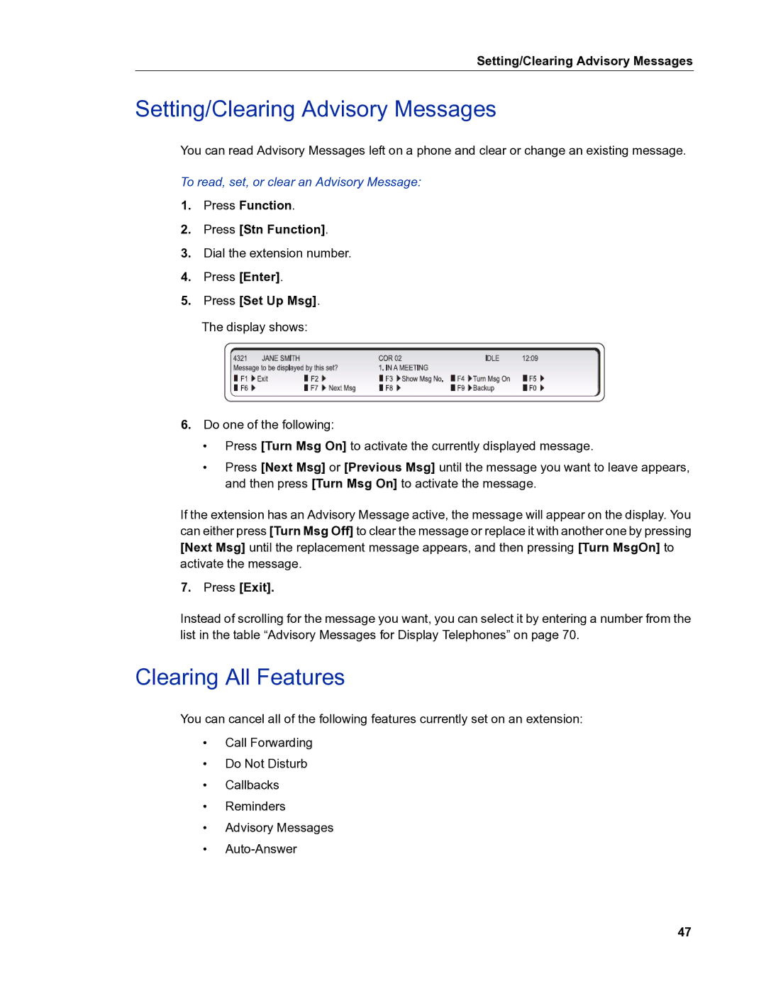 Mitel 5540 manual Setting/Clearing Advisory Messages, Clearing All Features, Press Set Up Msg, Press Exit 