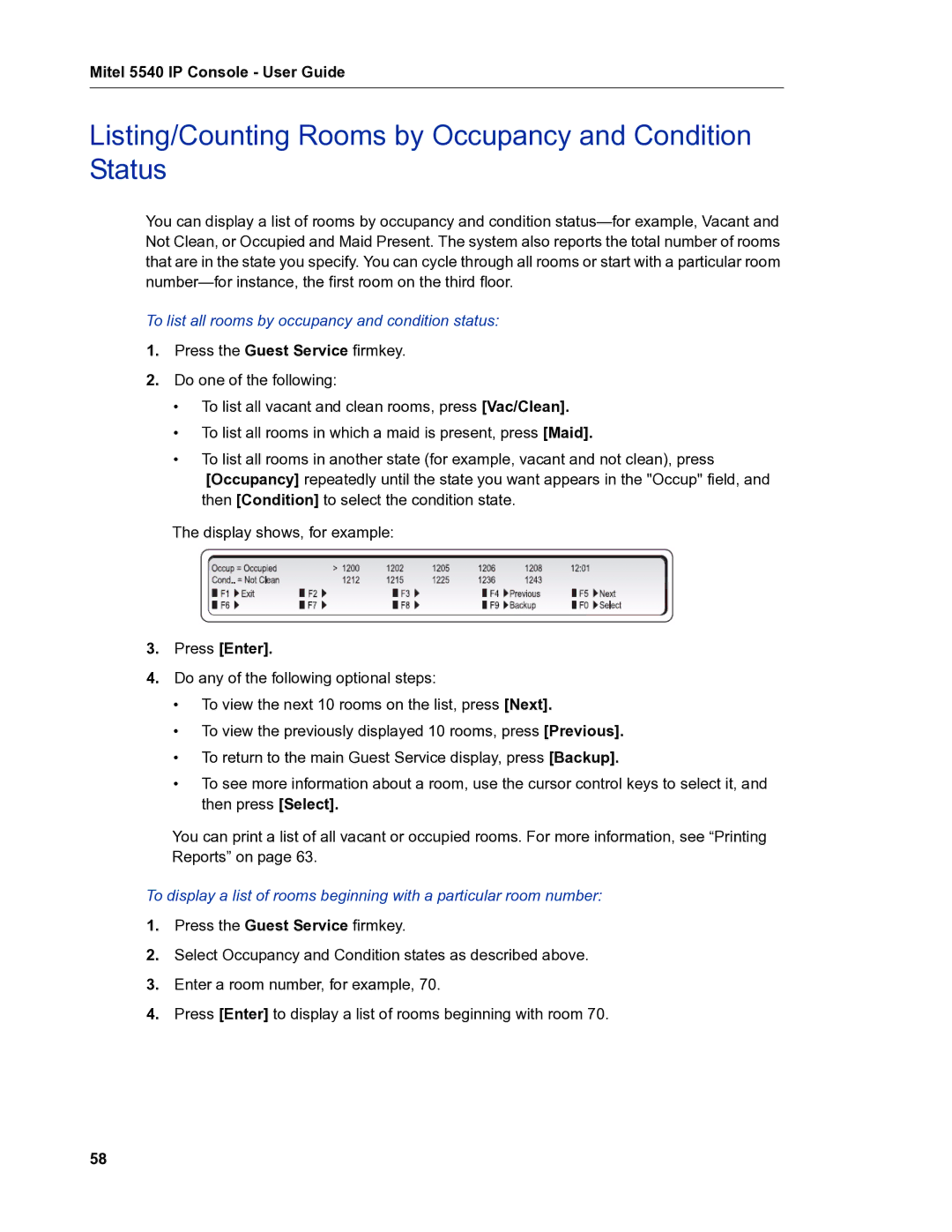 Mitel 5540 Listing/Counting Rooms by Occupancy and Condition Status, To list all rooms by occupancy and condition status 