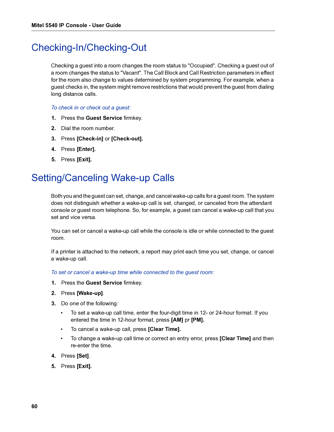 Mitel 5540 Checking-In/Checking-Out, Setting/Canceling Wake-up Calls, To check in or check out a guest, Press Wake-up 