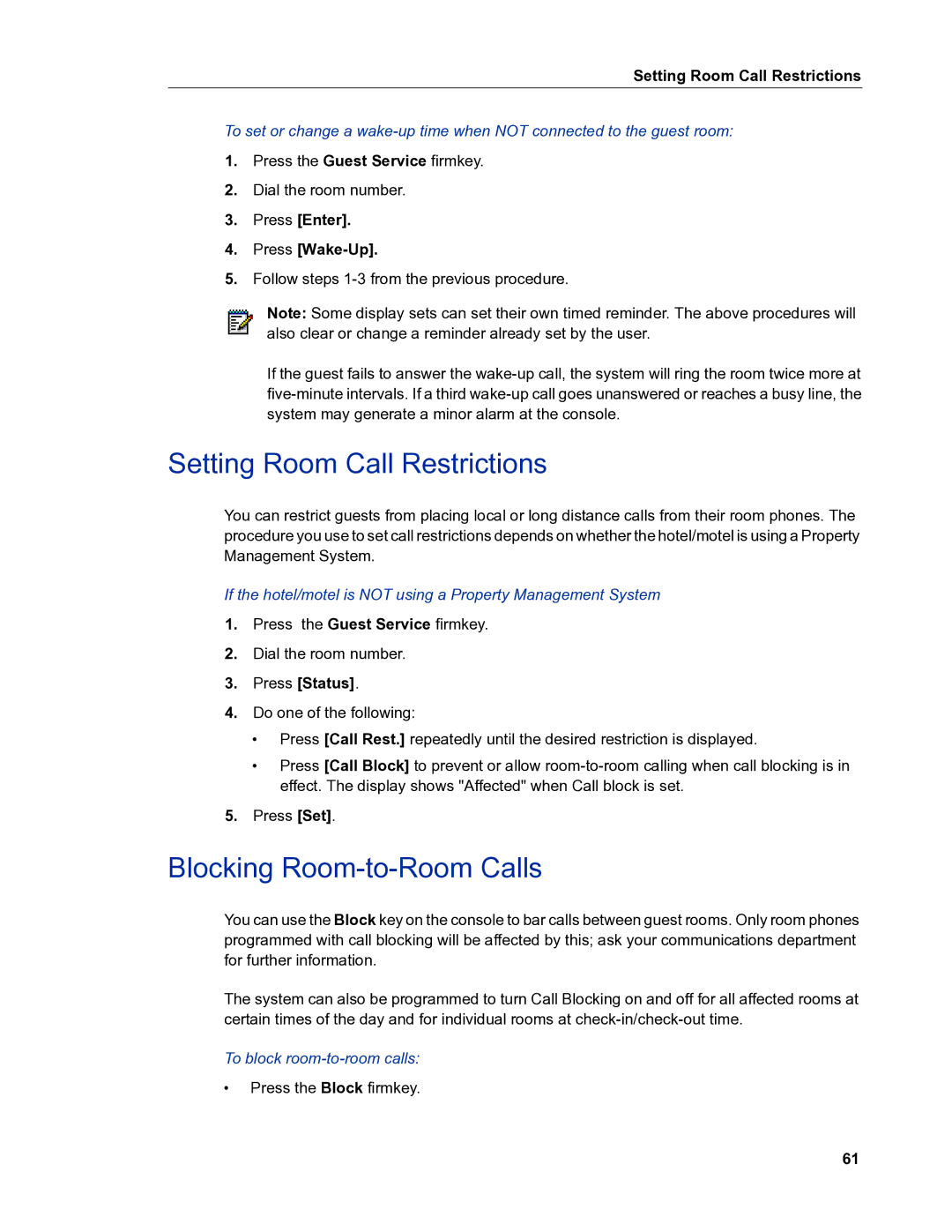 Mitel 5540 manual Setting Room Call Restrictions, Blocking Room-to-Room Calls, Press Enter Press Wake-Up 