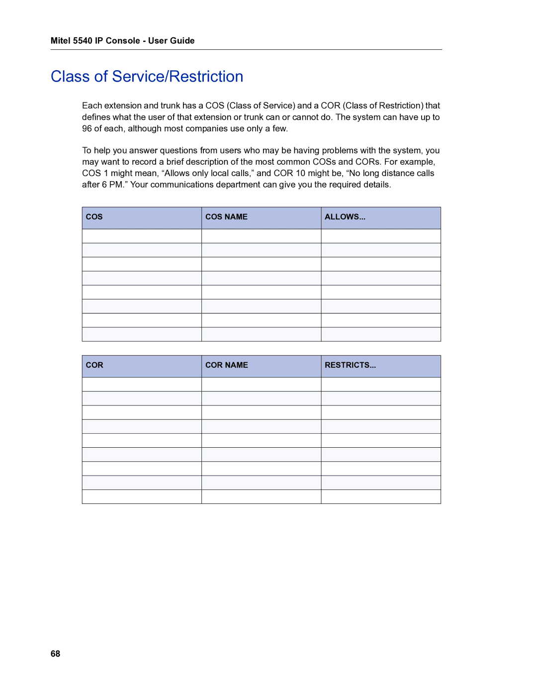 Mitel 5540 manual Class of Service/Restriction 