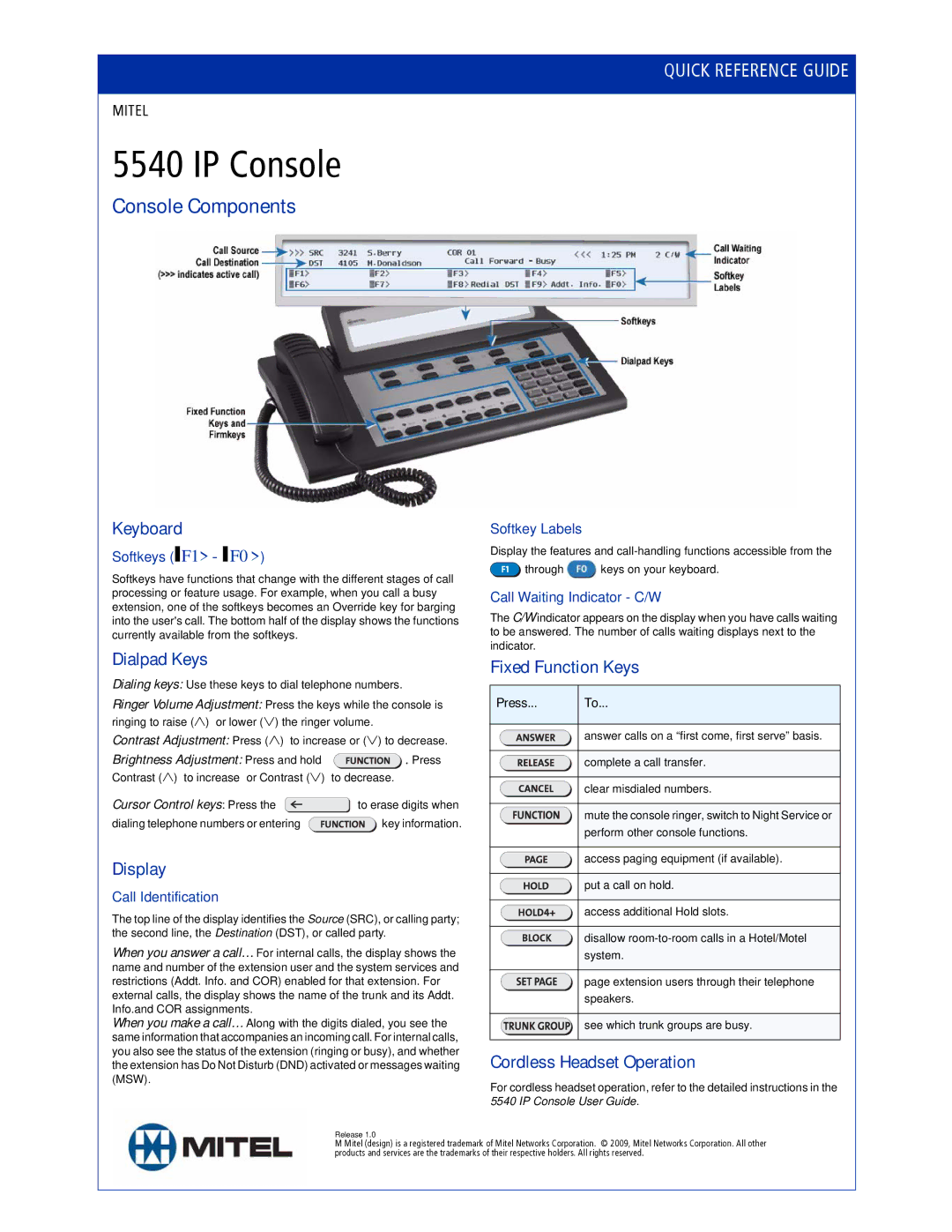 Mitel 5540 manual Console Components 