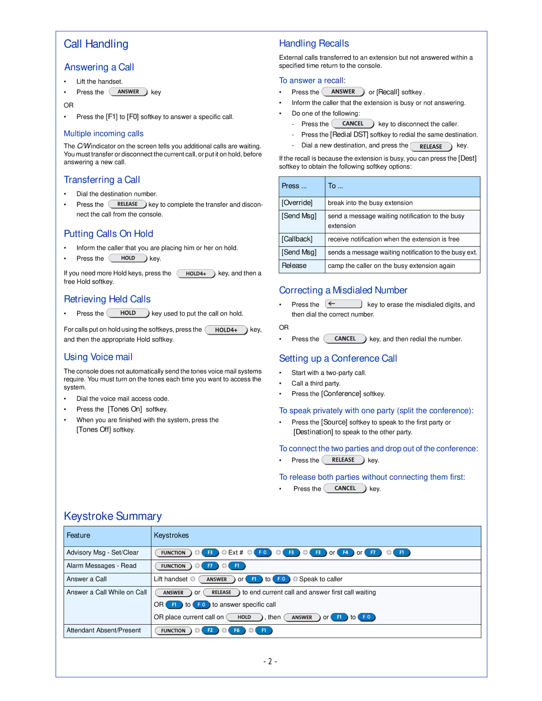 Mitel 5540 manual Call Handling, Keystroke Summary 