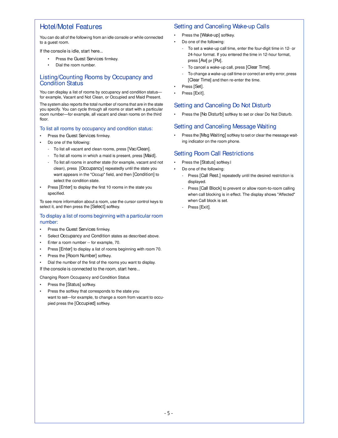 Mitel 5540 manual Hotel/Motel Features 