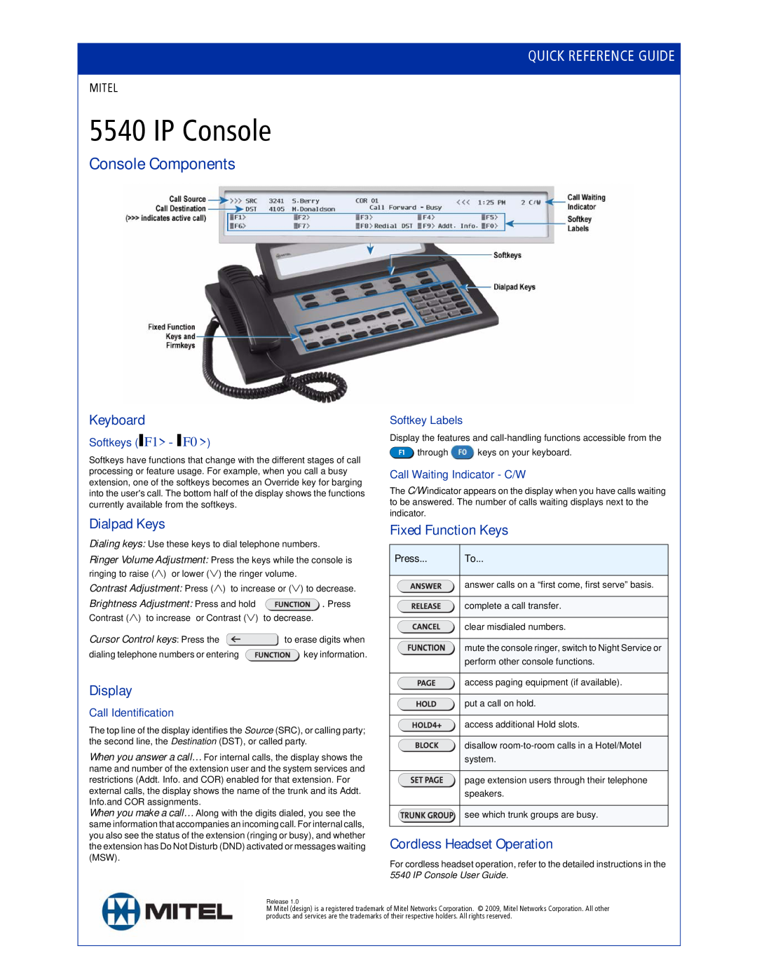 Mitel 5540 manual Console Components, Keyboard, Dialpad Keys, Display, Fixed Function Keys, Cordless Headset Operation 