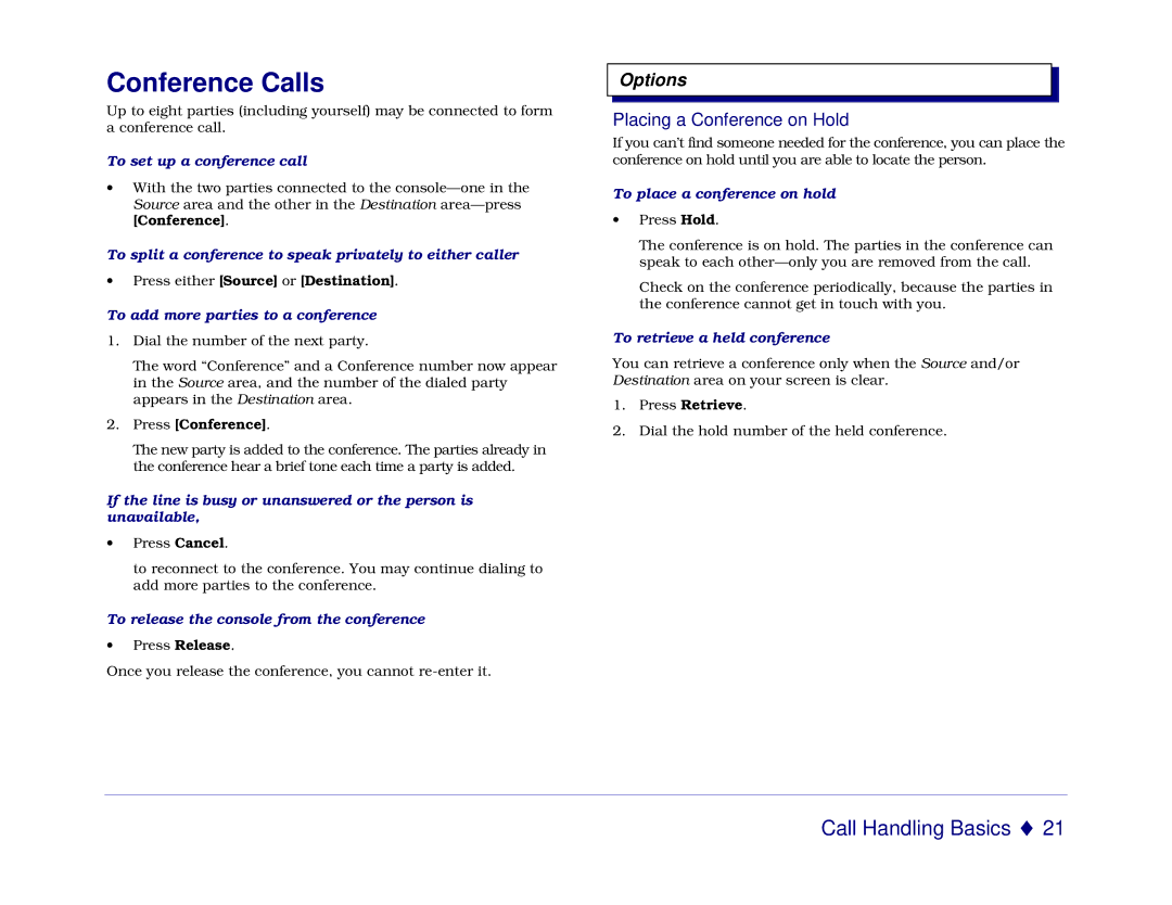 Mitel 5550 manual Conference Calls, Placing a Conference on Hold 