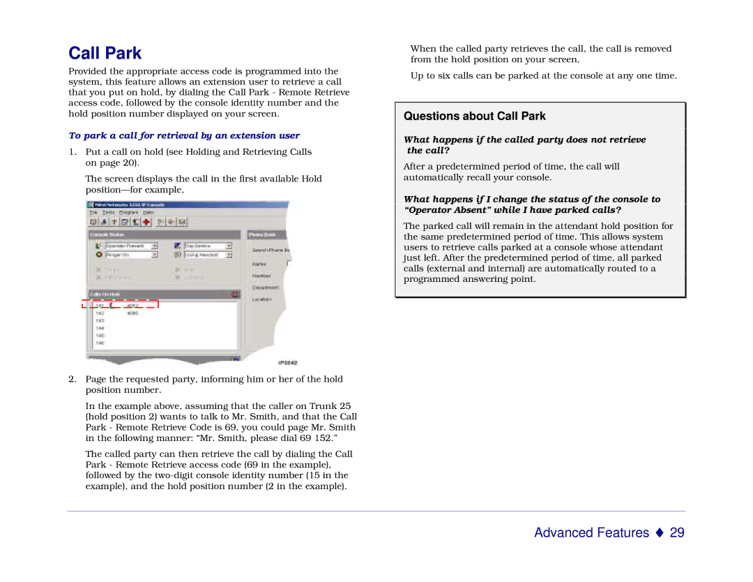 Mitel 5550 manual Questions about Call Park, To park a call for retrieval by an extension user 