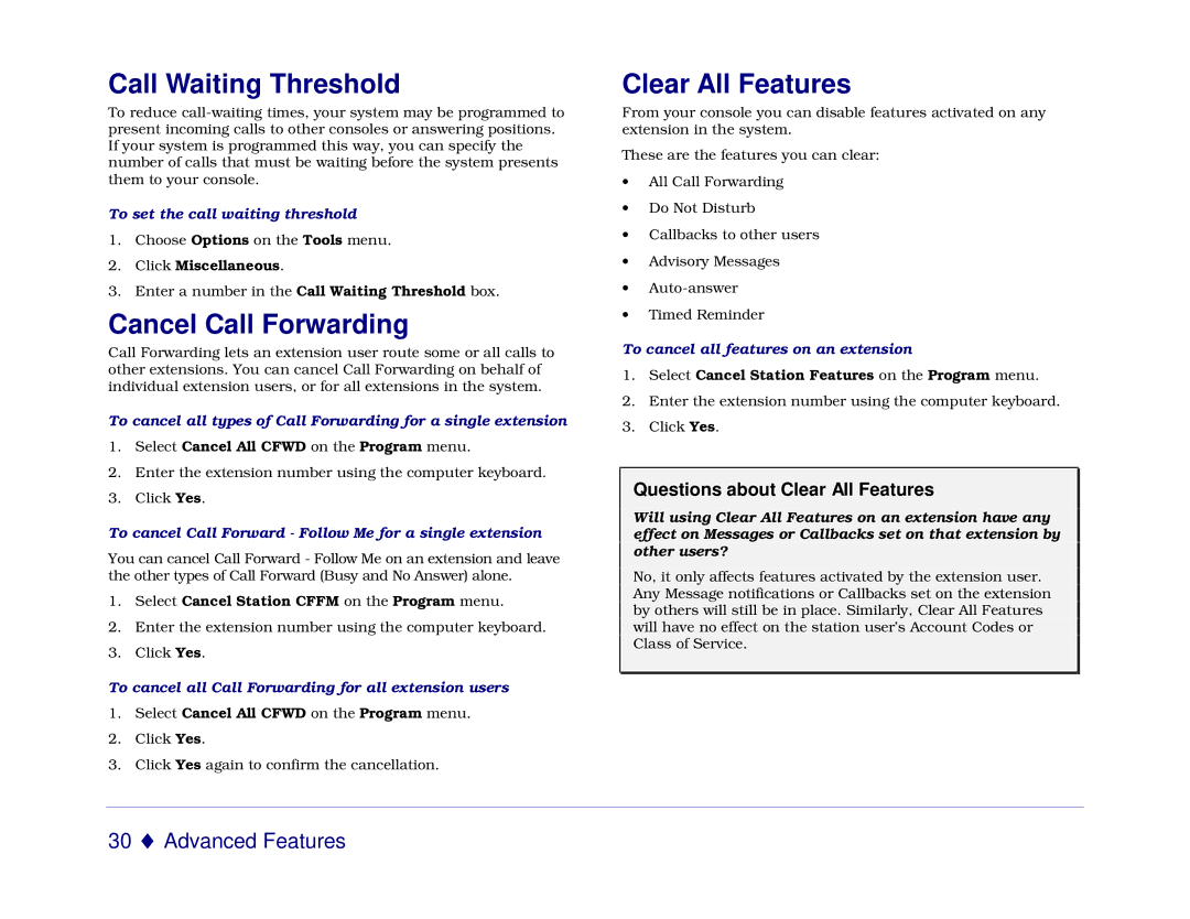 Mitel 5550 manual Call Waiting Threshold, Cancel Call Forwarding, Questions about Clear All Features 