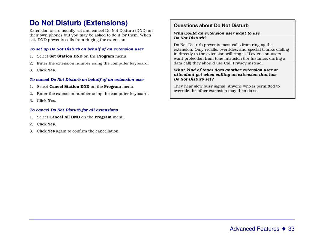 Mitel 5550 manual Do Not Disturb Extensions, Questions about Do Not Disturb, To cancel Do Not Disturb for all extensions 