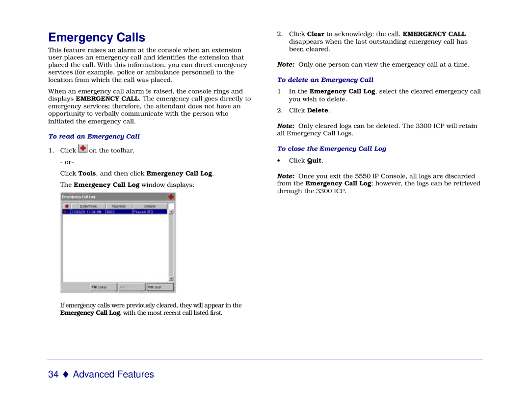 Mitel 5550 manual Emergency Calls, To read an Emergency Call, To delete an Emergency Call, To close the Emergency Call Log 