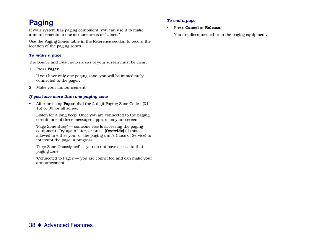 Mitel 5550 manual Paging, To make a, If you have more than one paging zone, To end a, Press Cancel or Release 