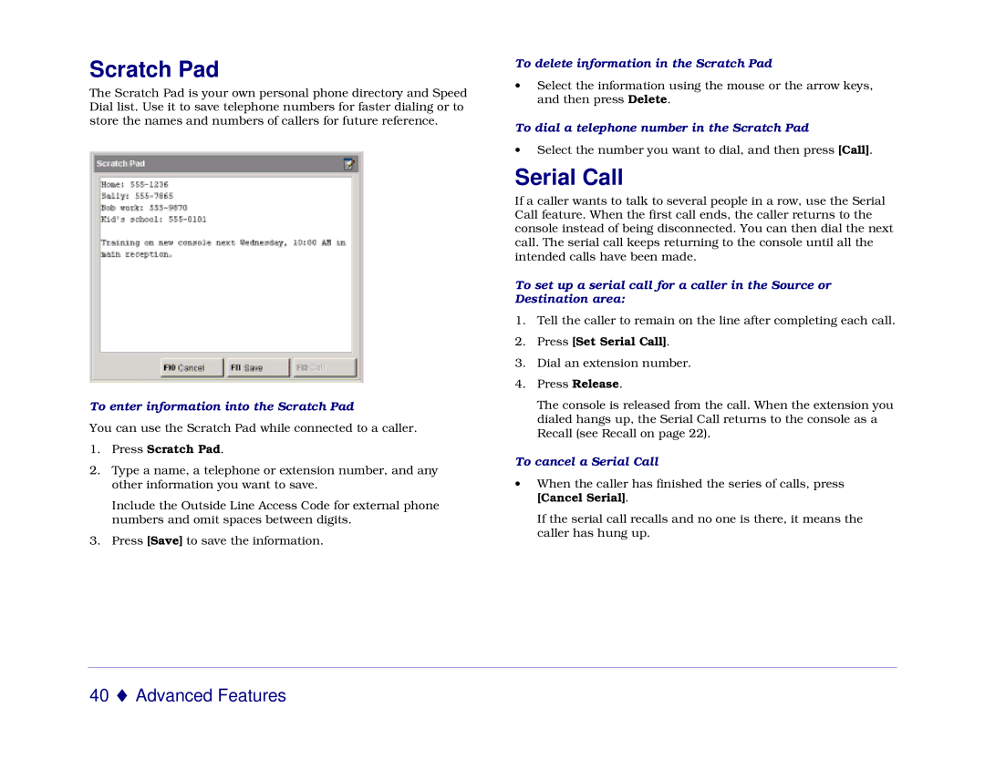 Mitel 5550 manual Scratch Pad, Serial Call 