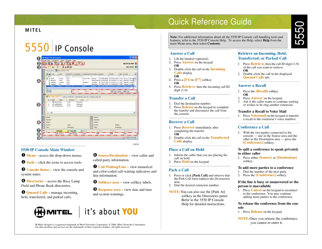 Mitel 5550 manual Answer a Call, Transfer a Call, Answer a Recall, IP Console Main Window, Place a Call on Hold 