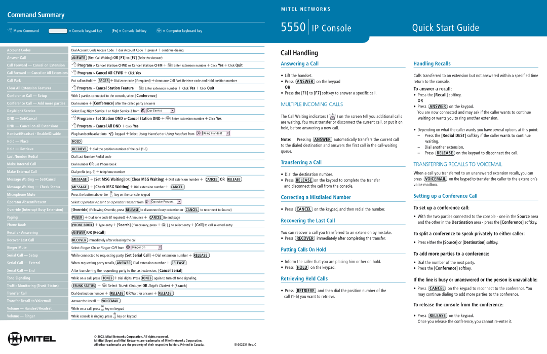Mitel 5550 quick start Command Summary, Answering a Call, Handling Recalls, Transferring a Call, Recovering the Last Call 