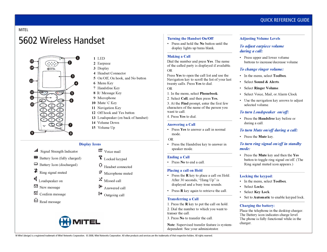 Mitel 5602 manual To adjust earpiece volume during a call, To change ringer volume, To turn Loudspeaker on/off, Mode 