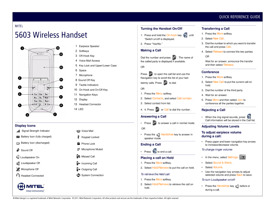 Mitel 5603 manual To retrieve the Held call, To change ringer volume, To turn Loudspeaker on/off 