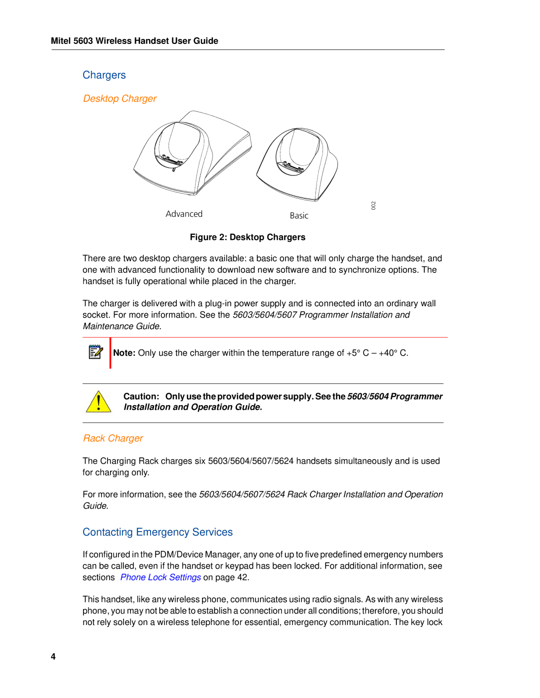 Mitel 5603 manual Chargers, Contacting Emergency Services, Desktop Charger, Rack Charger 