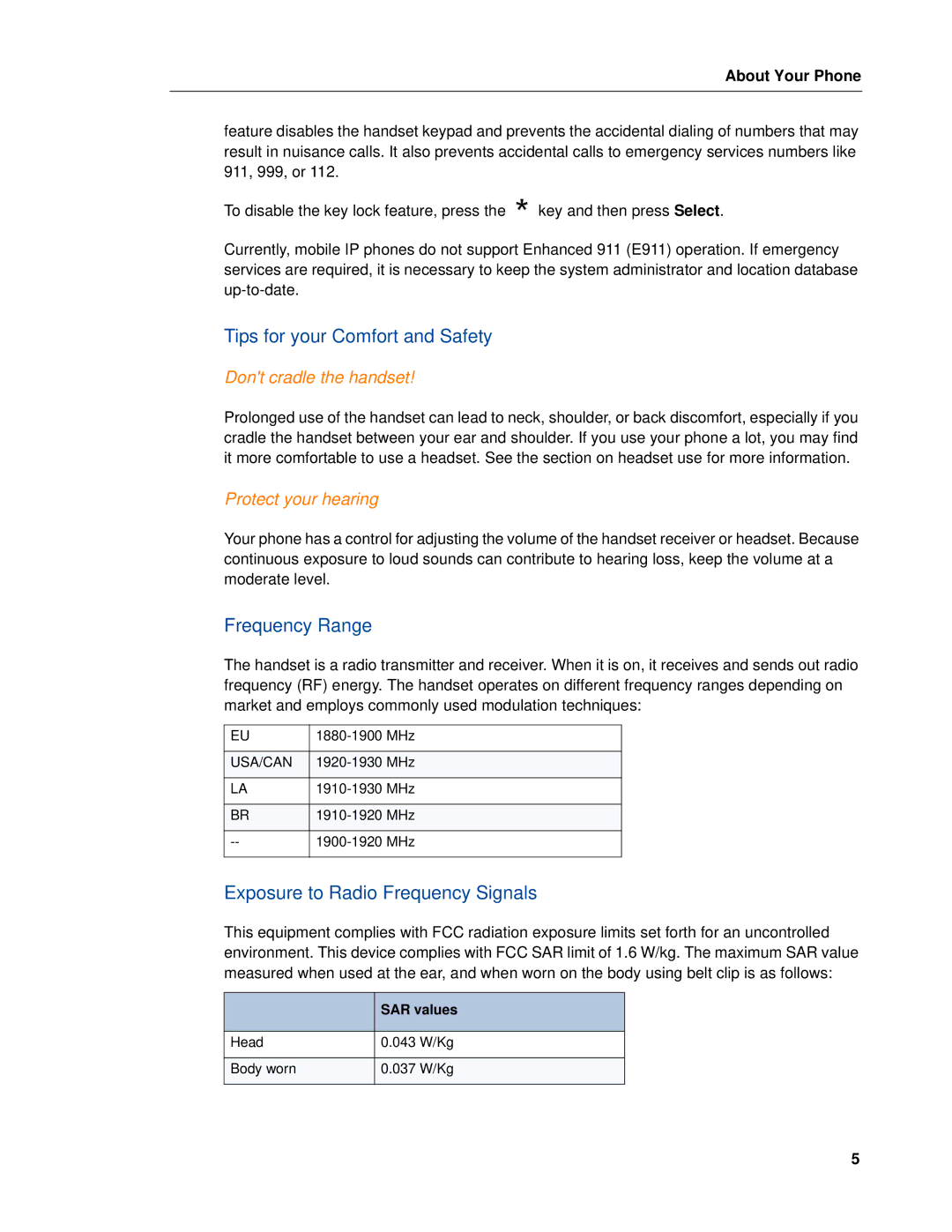 Mitel 5603 Tips for your Comfort and Safety, Frequency Range, Exposure to Radio Frequency Signals, Dont cradle the handset 