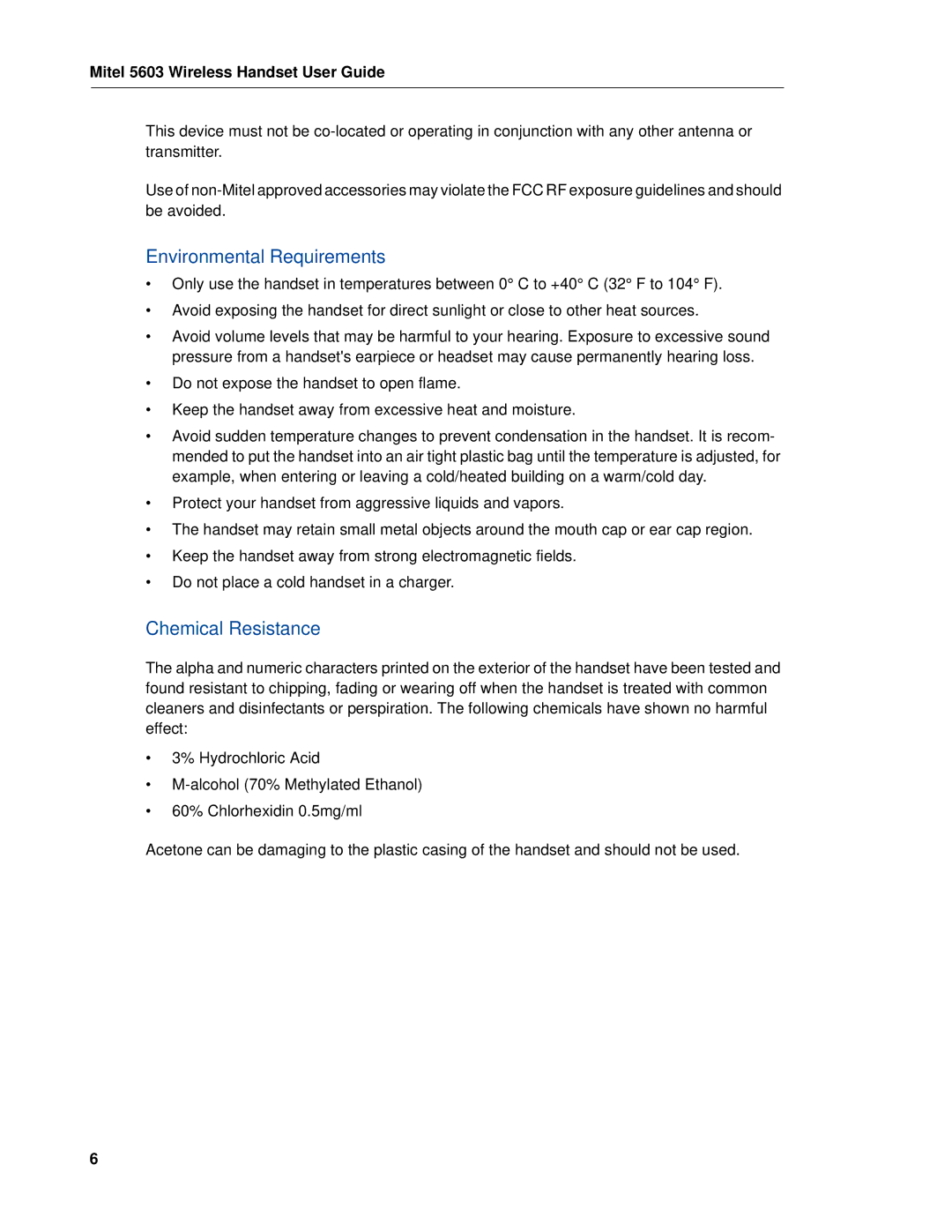 Mitel 5603 manual Environmental Requirements, Chemical Resistance 