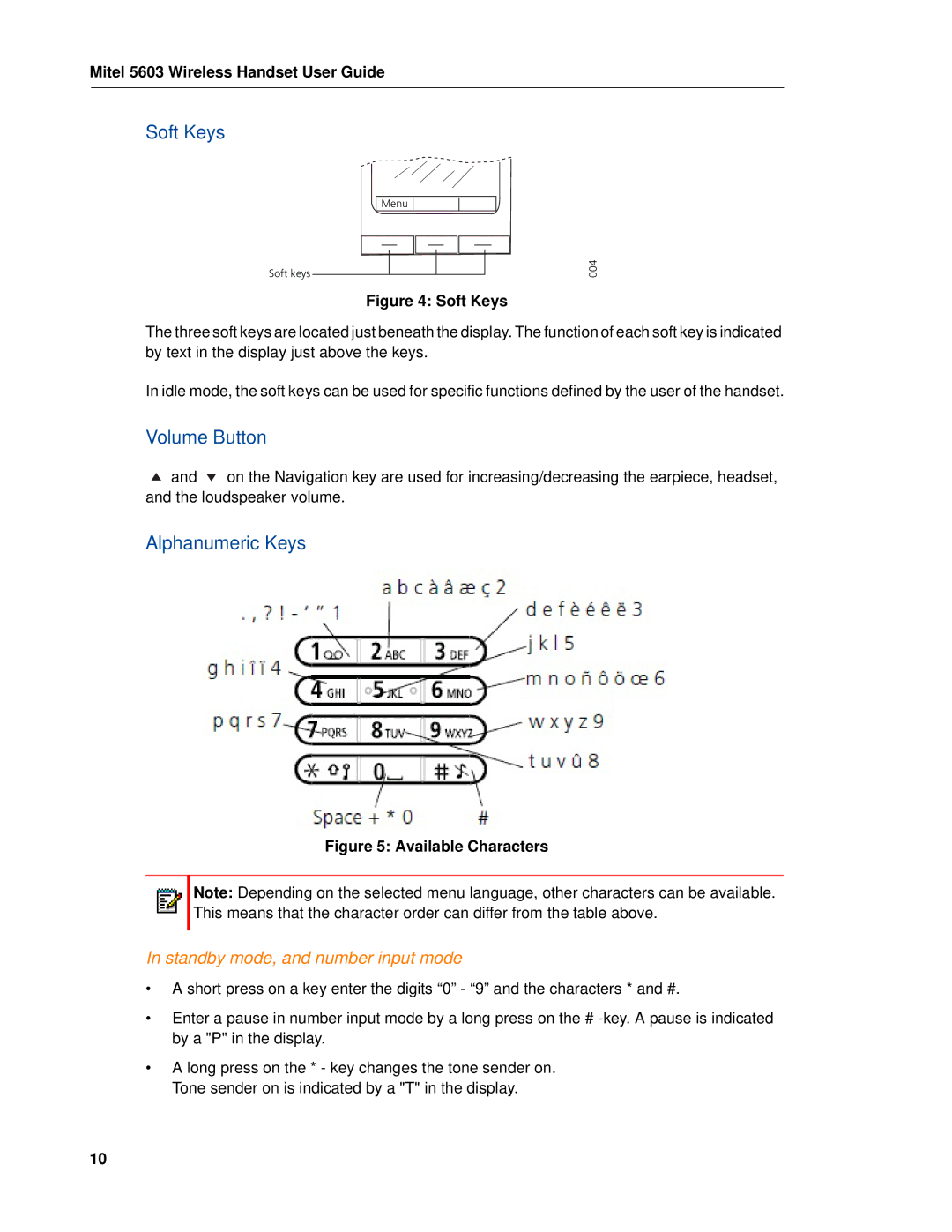 Mitel 5603 manual Soft Keys, Volume Button, Alphanumeric Keys, Standby mode, and number input mode 