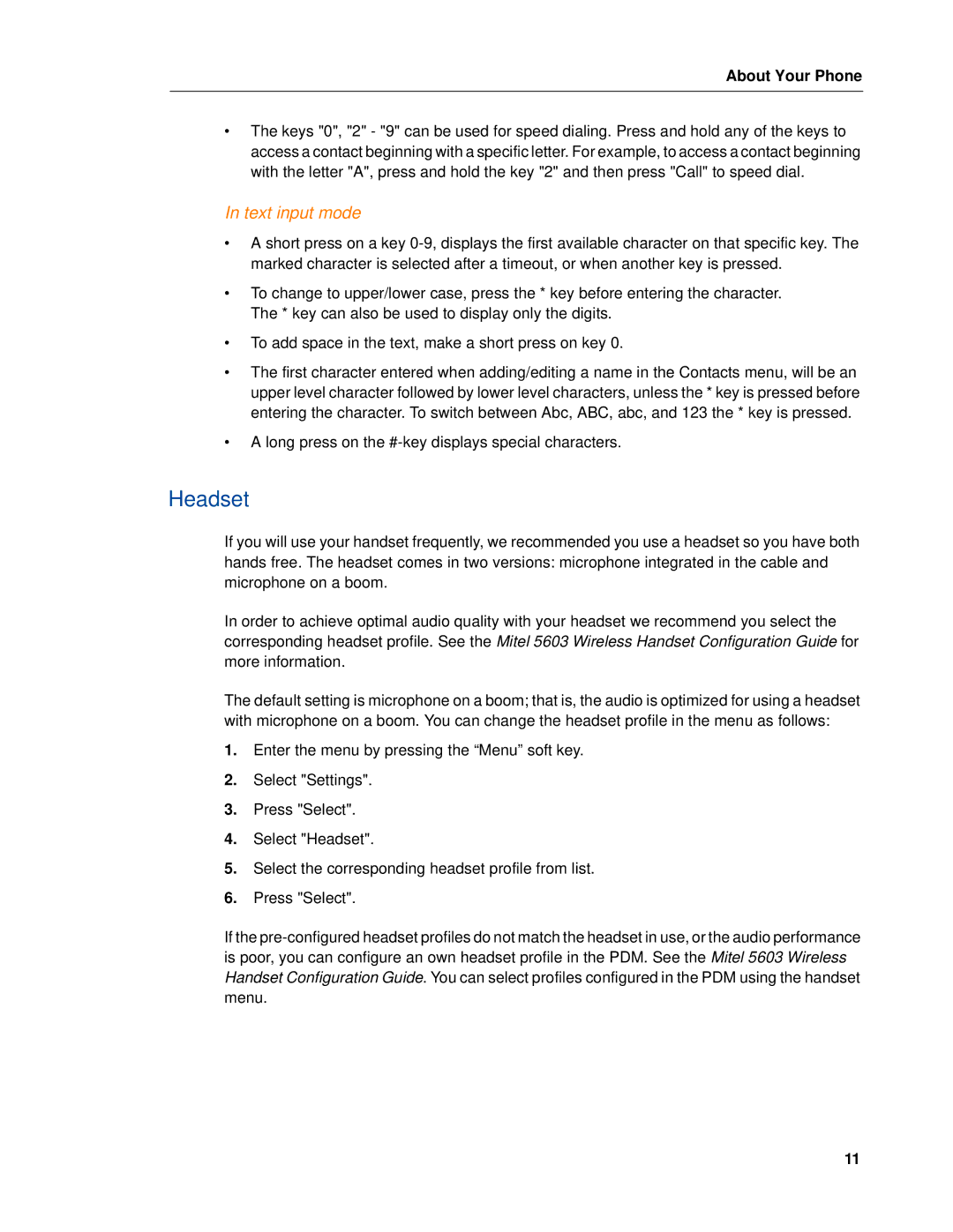 Mitel 5603 manual Headset, Text input mode 