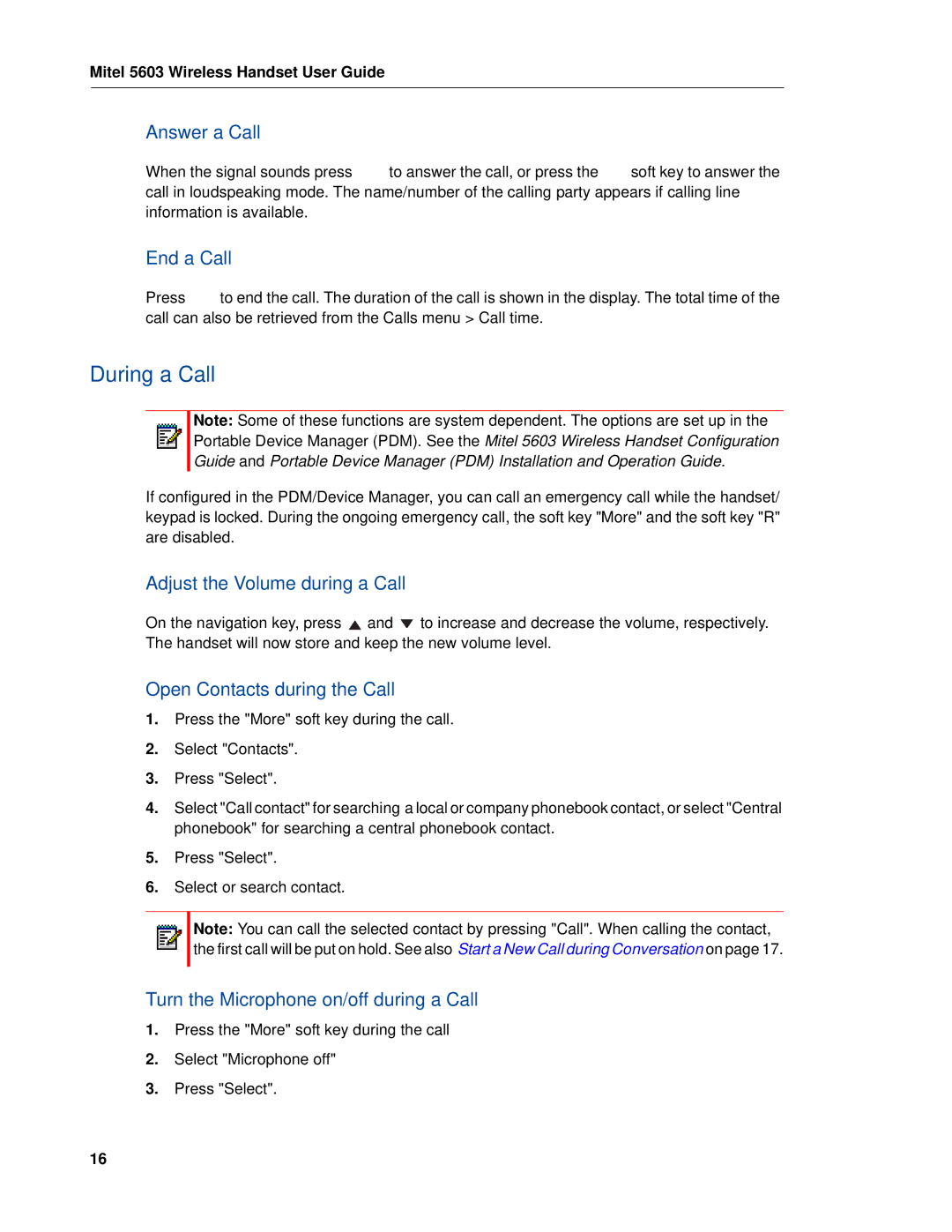 Mitel 5603 manual During a Call 