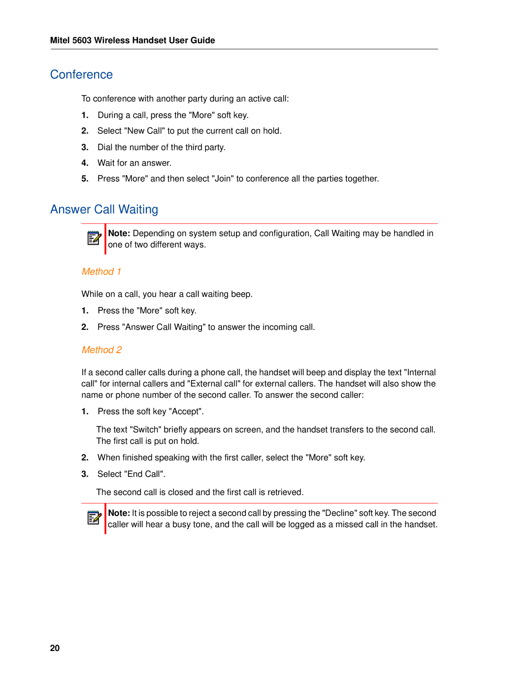 Mitel 5603 manual Conference, Answer Call Waiting, Method 