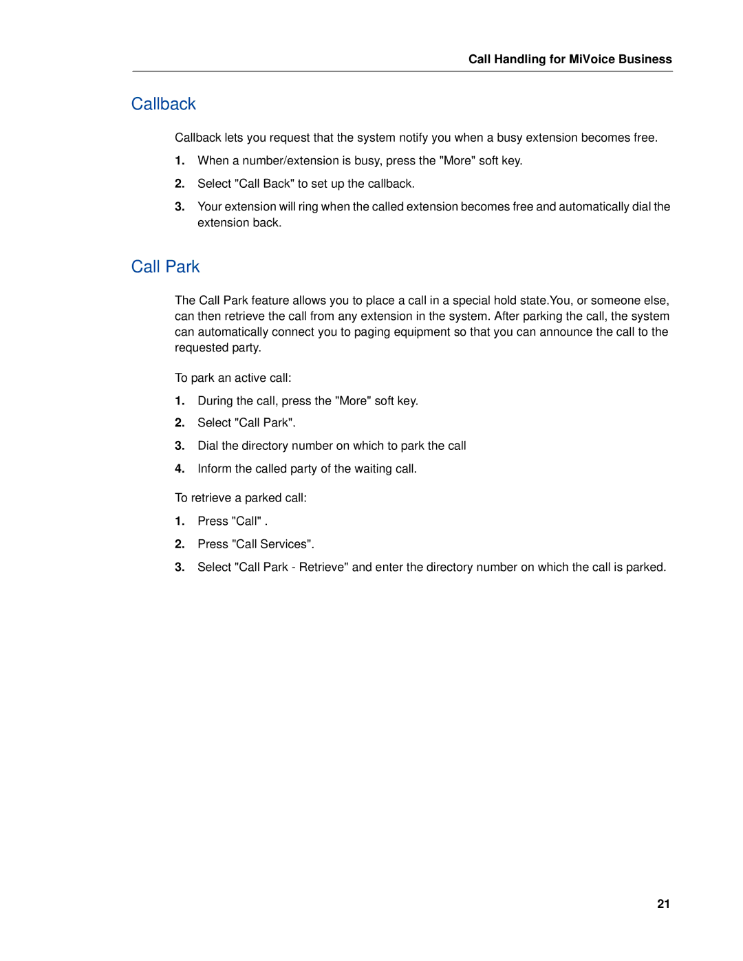 Mitel 5603 manual Callback, Call Park 