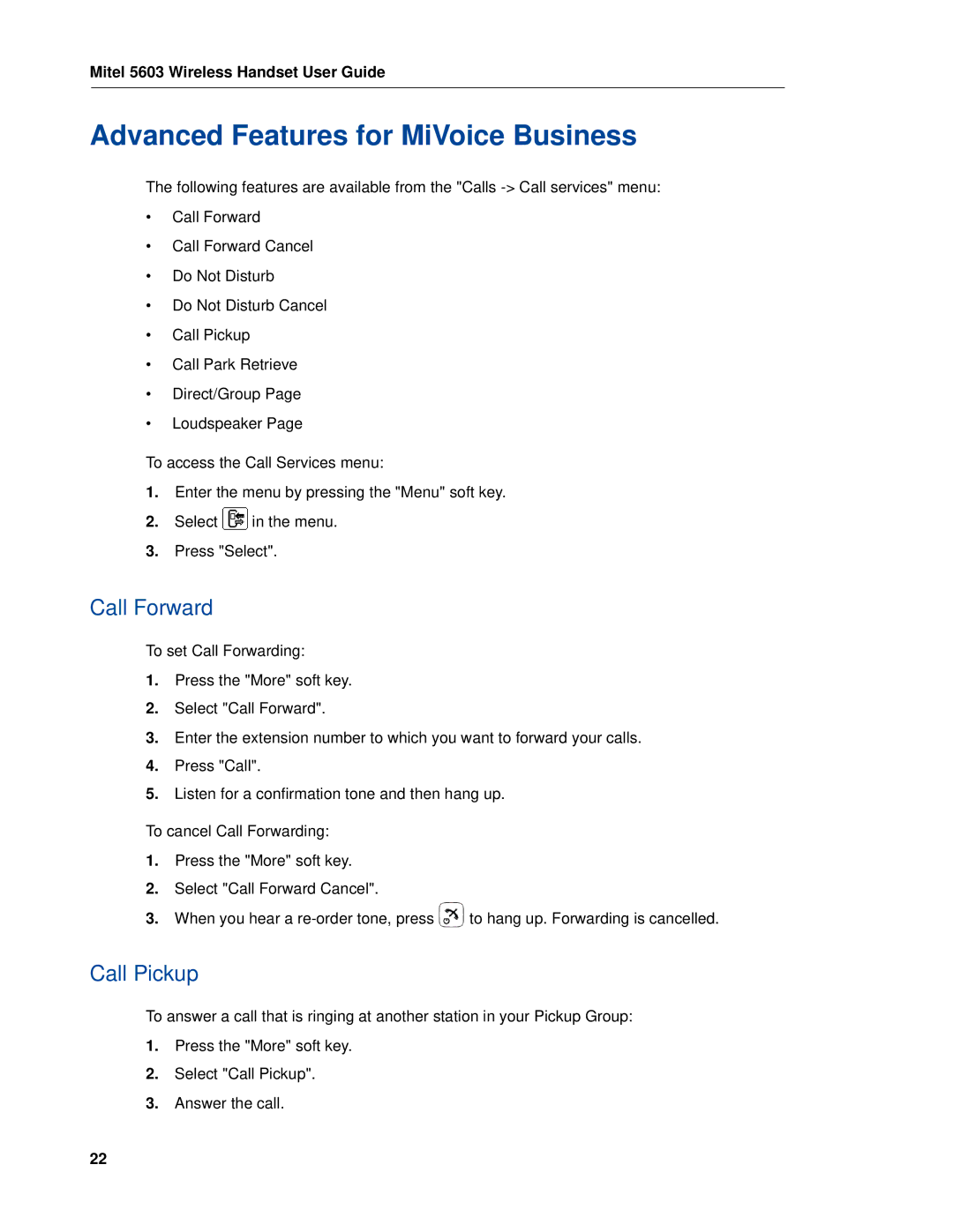 Mitel 5603 manual Advanced Features for MiVoice Business, Call Forward, Call Pickup 