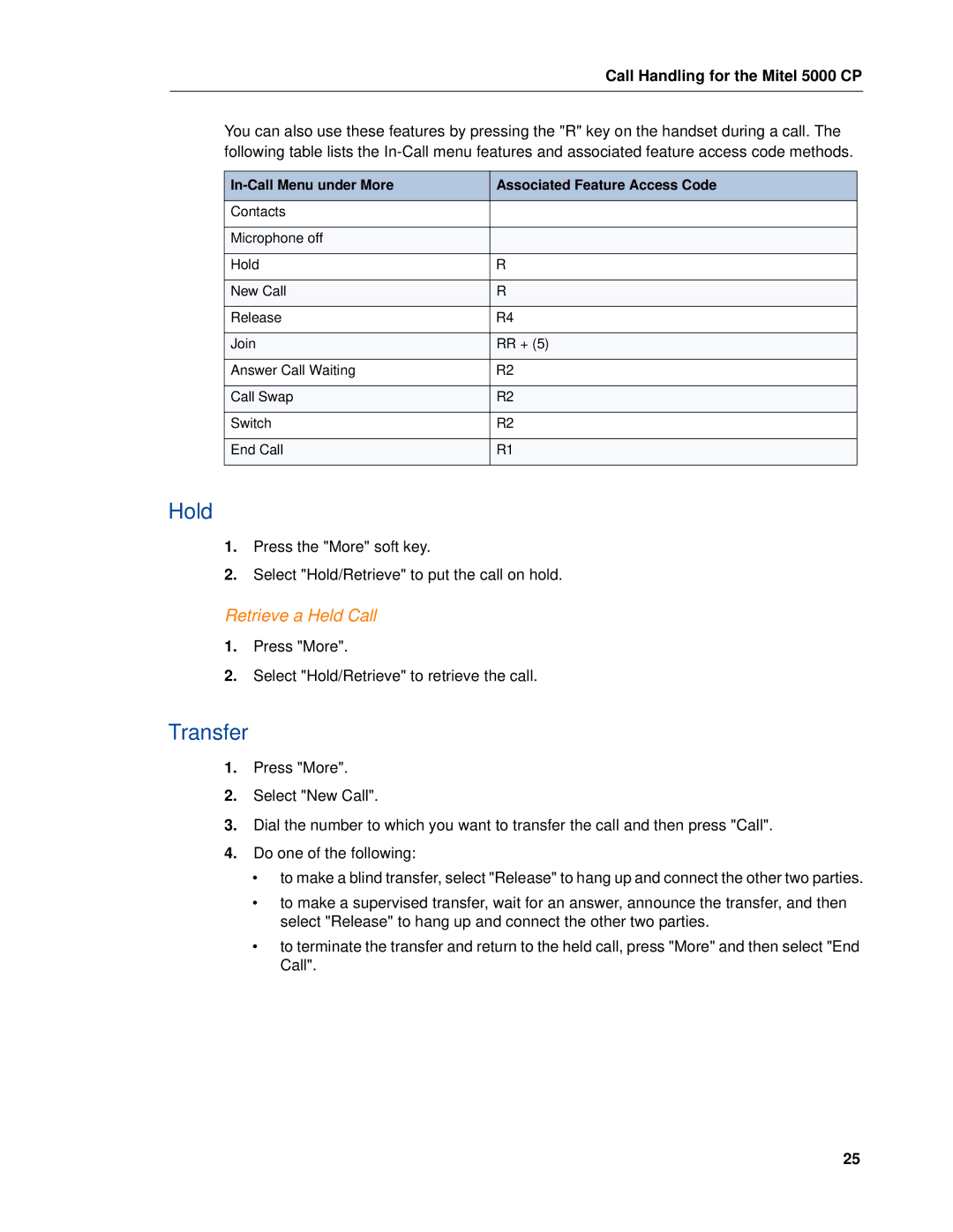 Mitel 5603 manual Retrieve a Held Call, Call Handling for the Mitel 5000 CP 