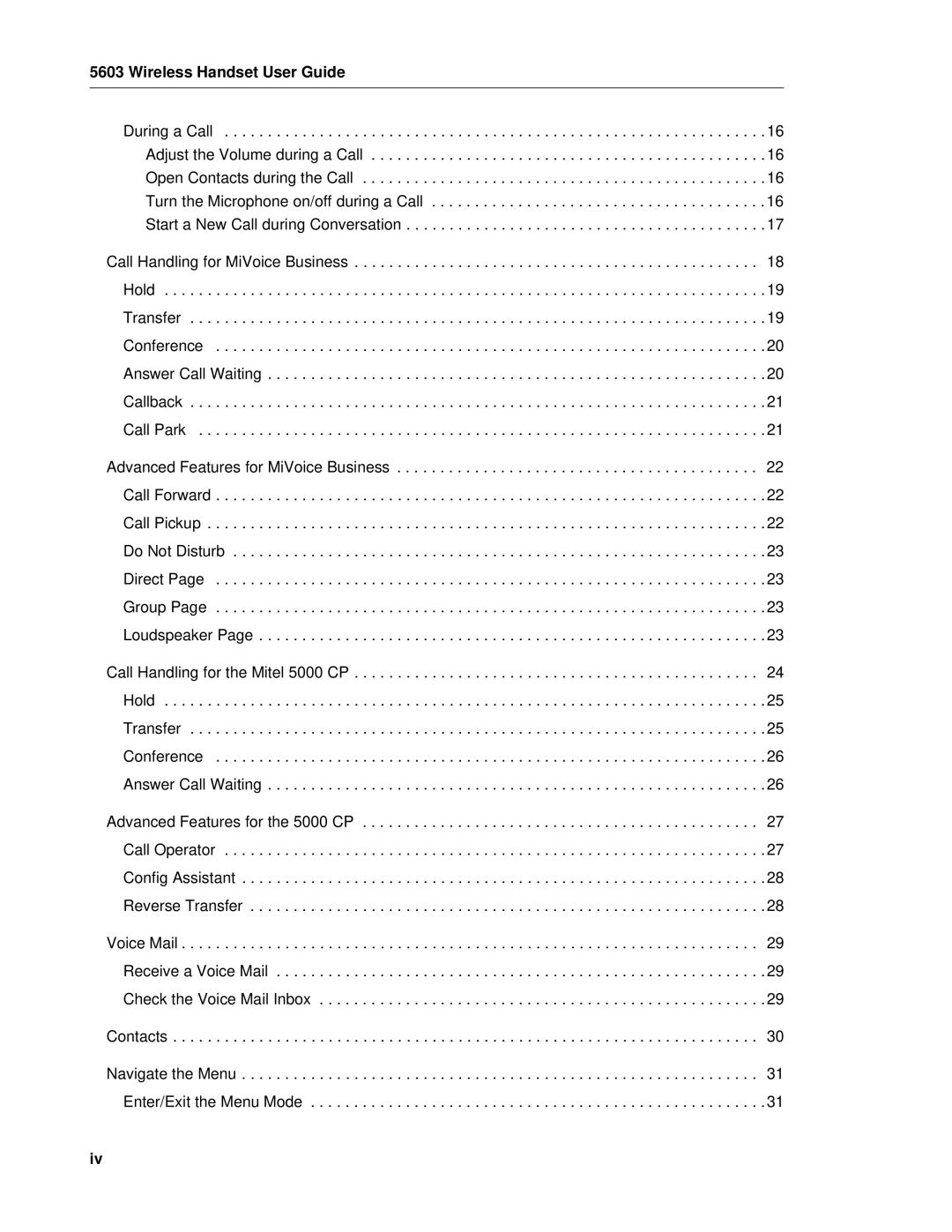 Mitel 5603 manual Wireless Handset User Guide 