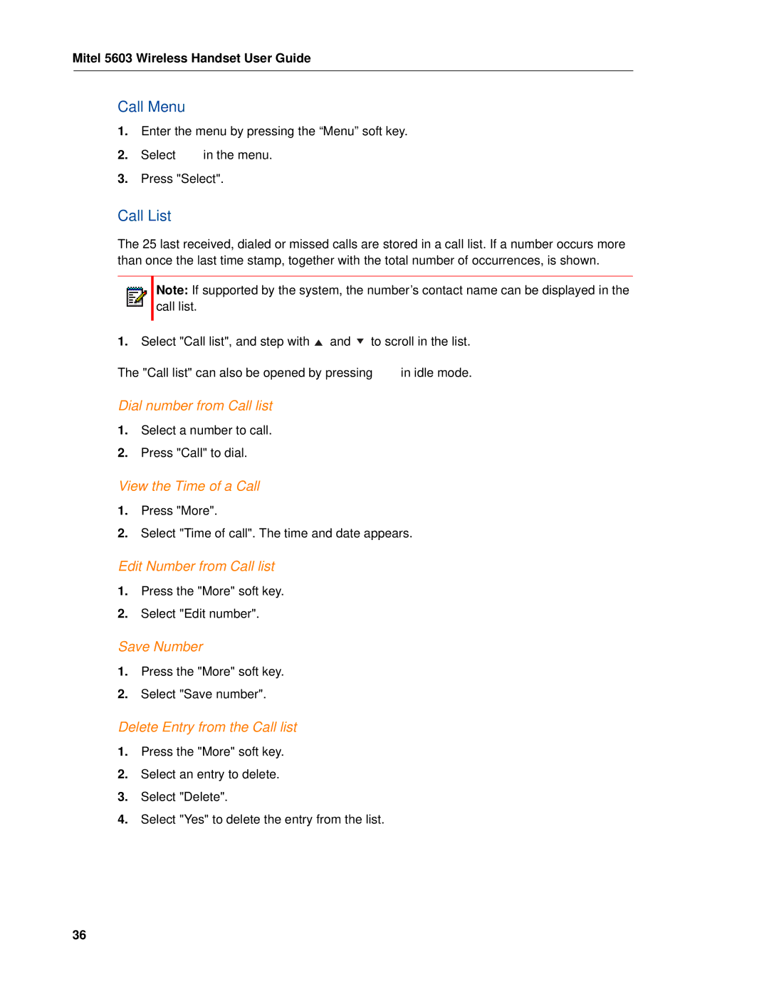 Mitel 5603 manual Call Menu, Call List 