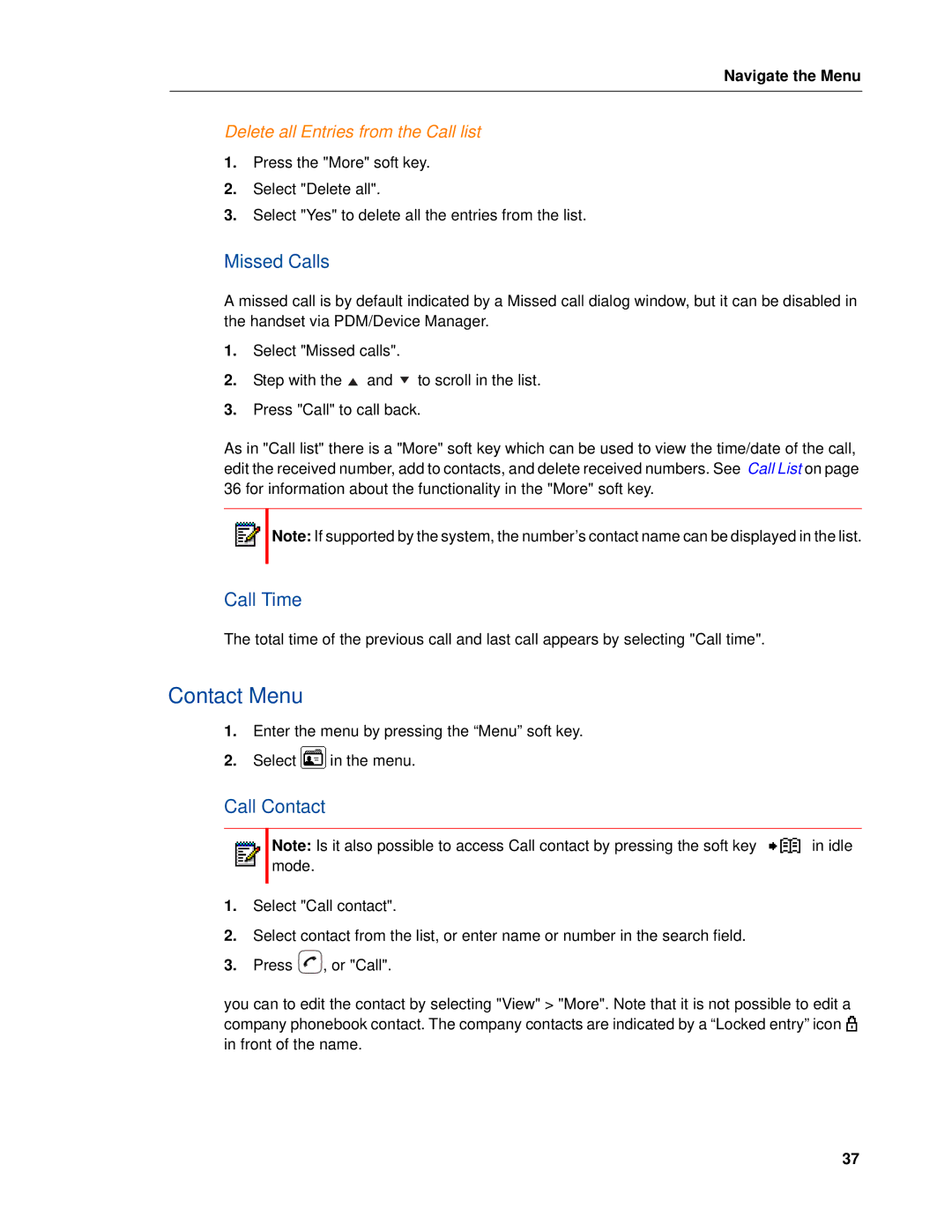 Mitel 5603 manual Contact Menu, Missed Calls, Call Time, Call Contact, Delete all Entries from the Call list 