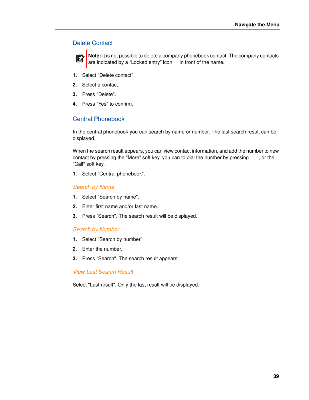 Mitel 5603 manual Delete Contact, Central Phonebook, Search by Name, Search by Number, View Last Search Result 