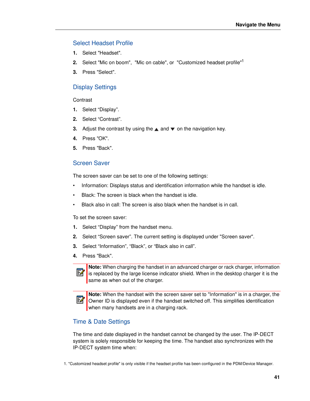 Mitel 5603 manual Select Headset Profile, Display Settings, Screen Saver, Time & Date Settings 