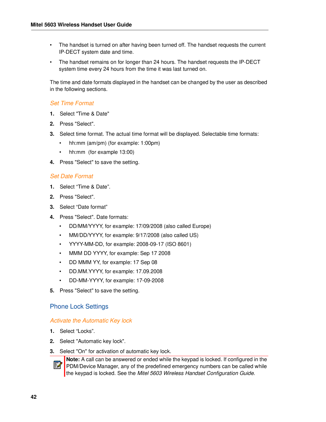 Mitel 5603 manual Phone Lock Settings, Set Time Format, Set Date Format, Activate the Automatic Key lock 