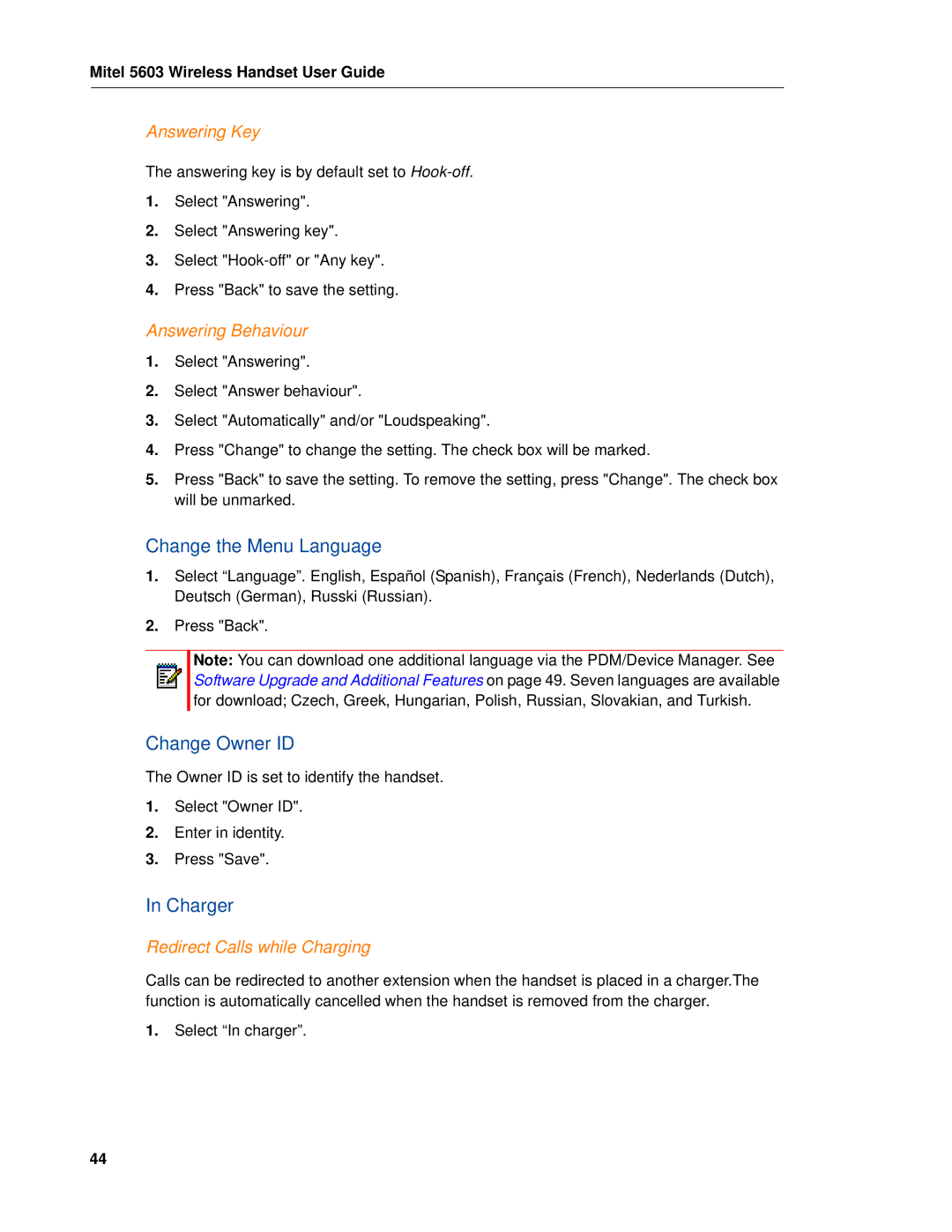 Mitel 5603 manual Change the Menu Language, Change Owner ID, Charger 