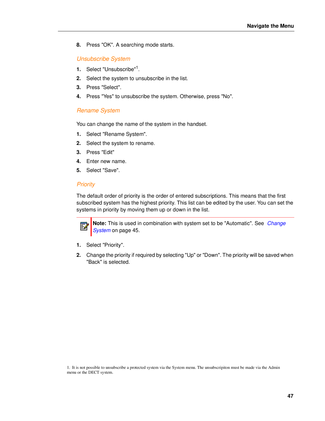 Mitel 5603 manual Unsubscribe System, Rename System, Priority 
