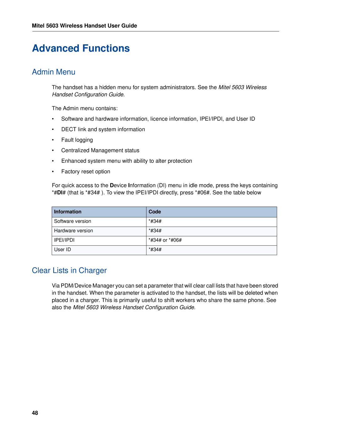 Mitel 5603 manual Advanced Functions, Admin Menu, Clear Lists in Charger 