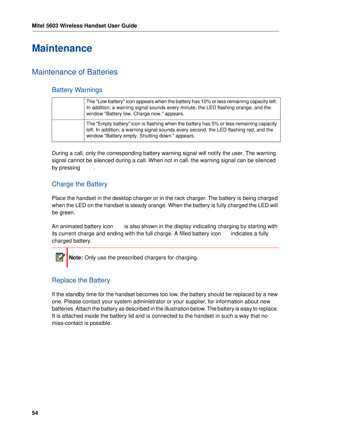 Mitel 5603 manual Maintenance of Batteries, Battery Warnings, Charge the Battery, Replace the Battery 