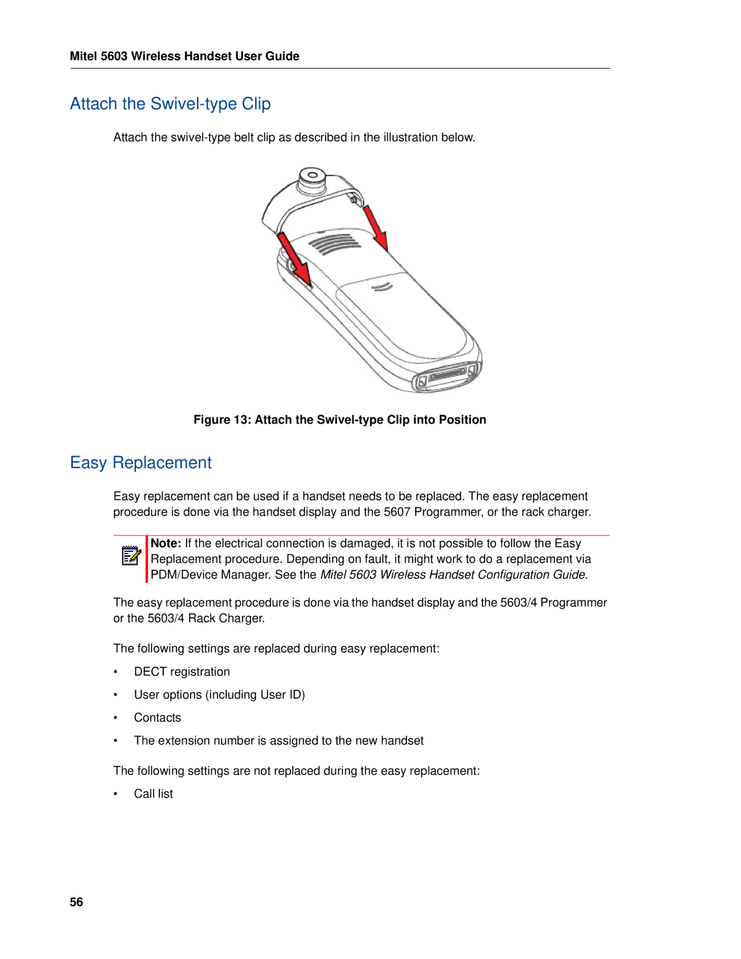 Mitel 5603 manual Attach the Swivel-type Clip, Easy Replacement 