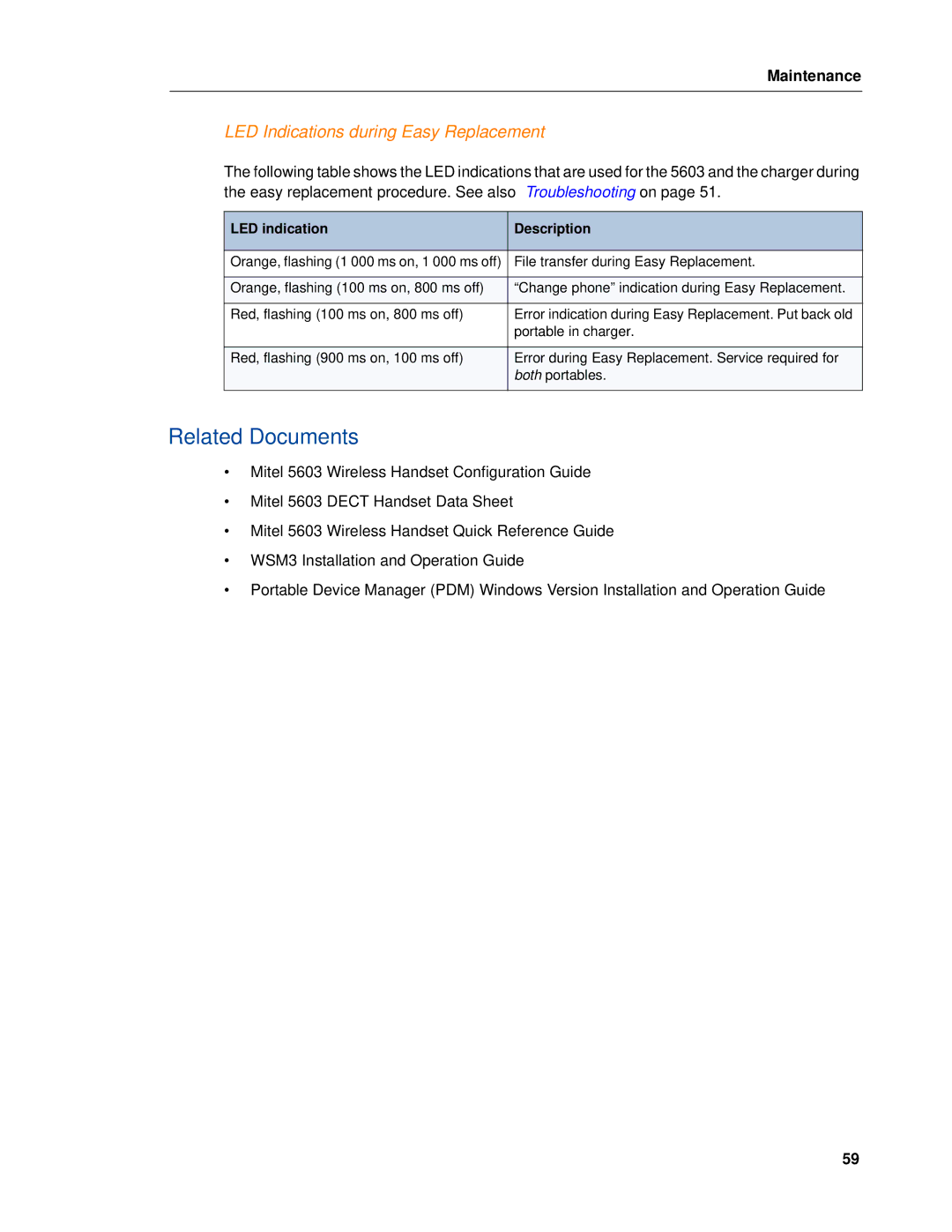 Mitel 5603 manual Related Documents, LED Indications during Easy Replacement 