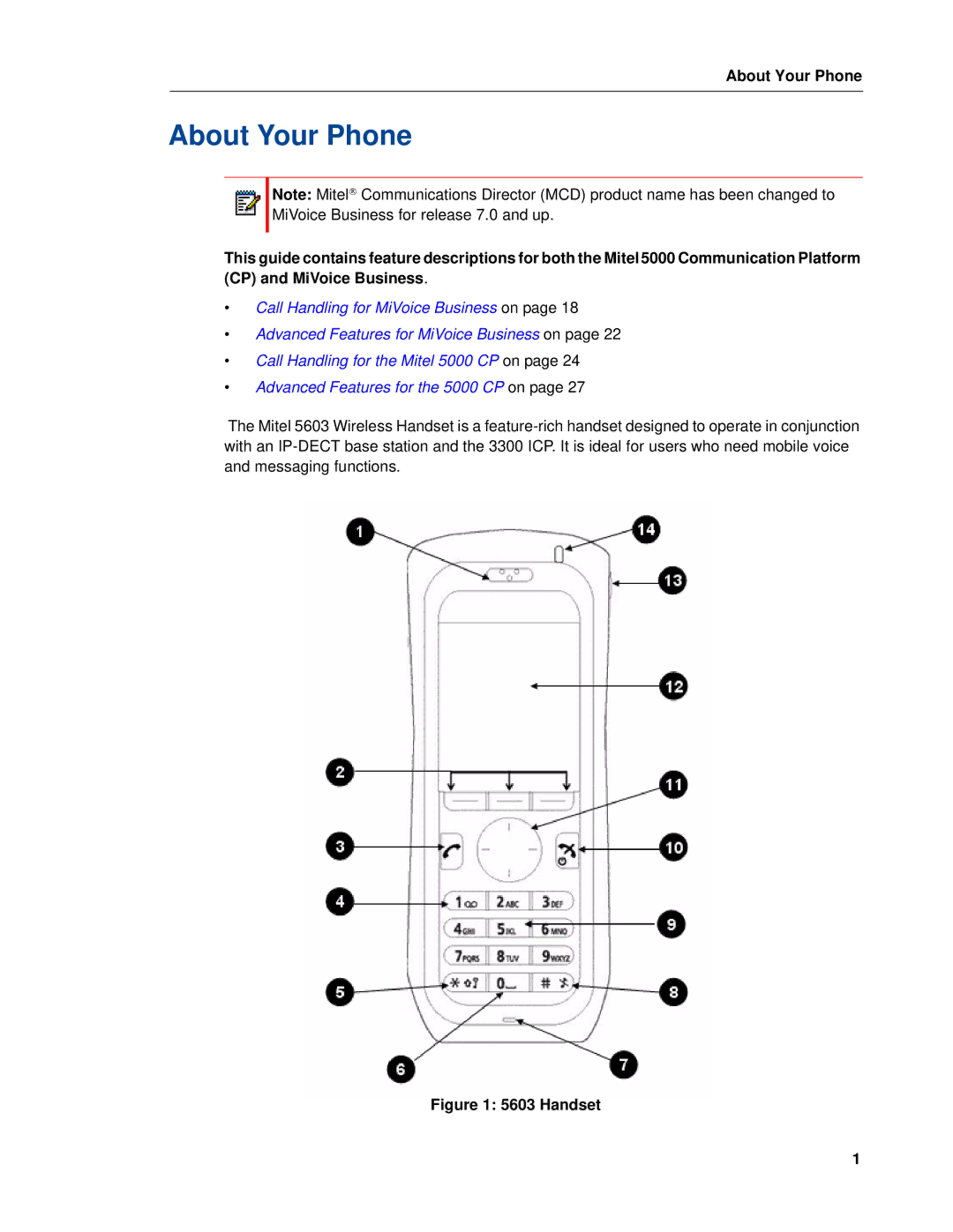 Mitel 5603 manual About Your Phone, Handset 