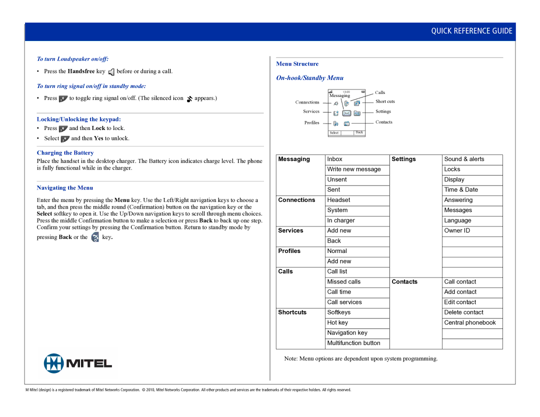 Mitel 5604 manual To turn Loudspeaker on/off, To turn ring signal on/off in standby mode 