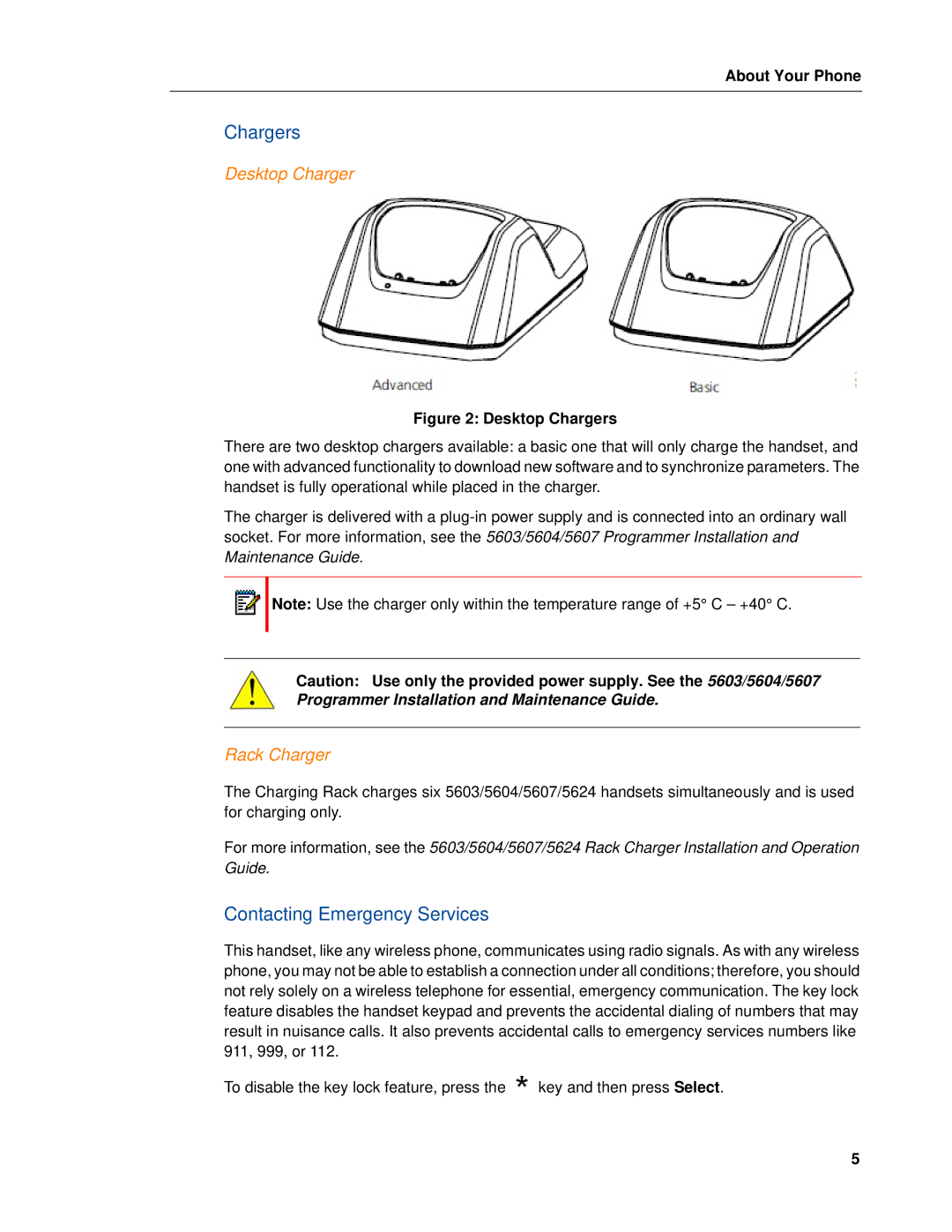 Mitel 5604 manual Chargers, Contacting Emergency Services, Desktop Charger, Rack Charger 